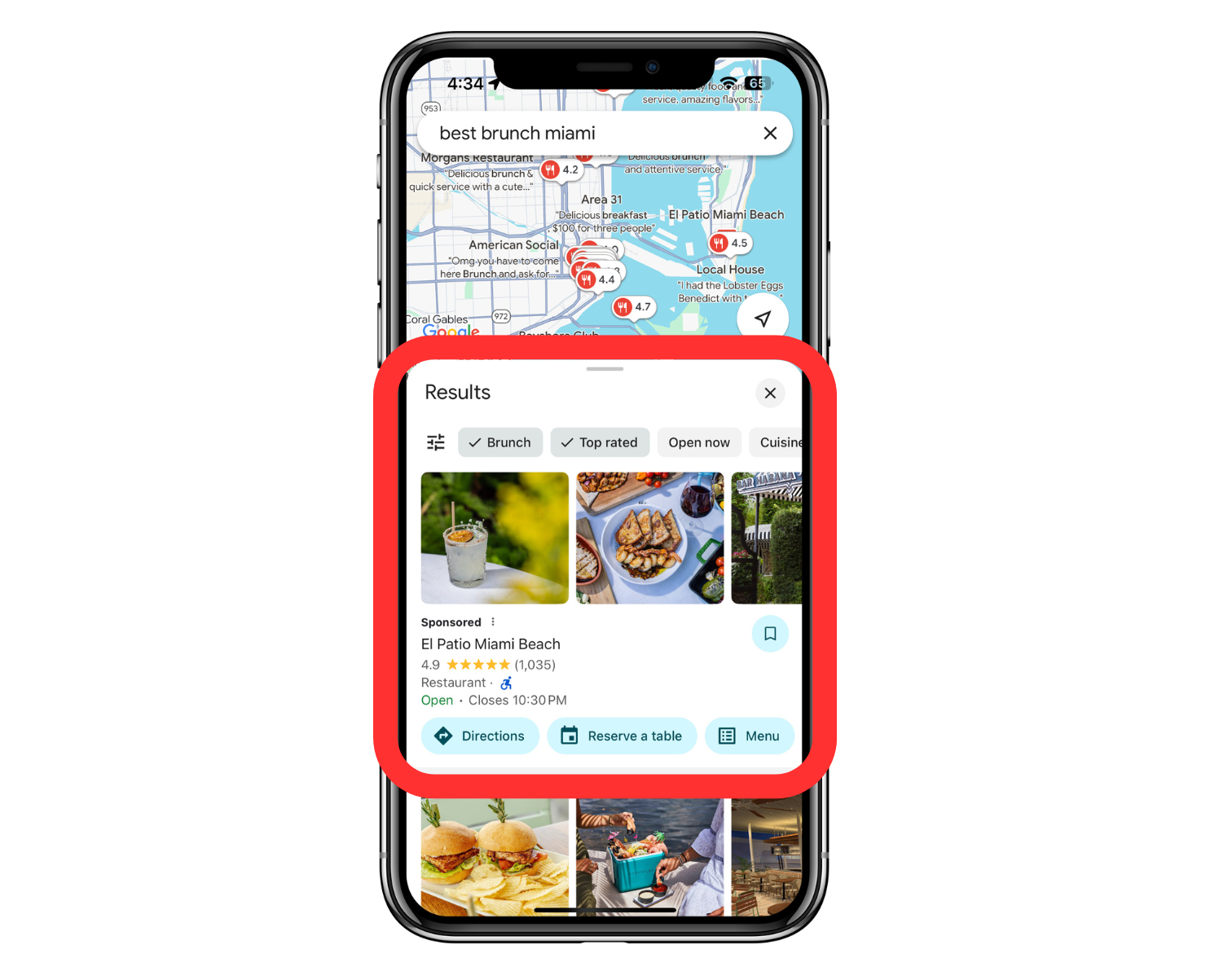 Google Maps search results for "best brunch Miami" showcasing a sponsored restaurant at the top of the results