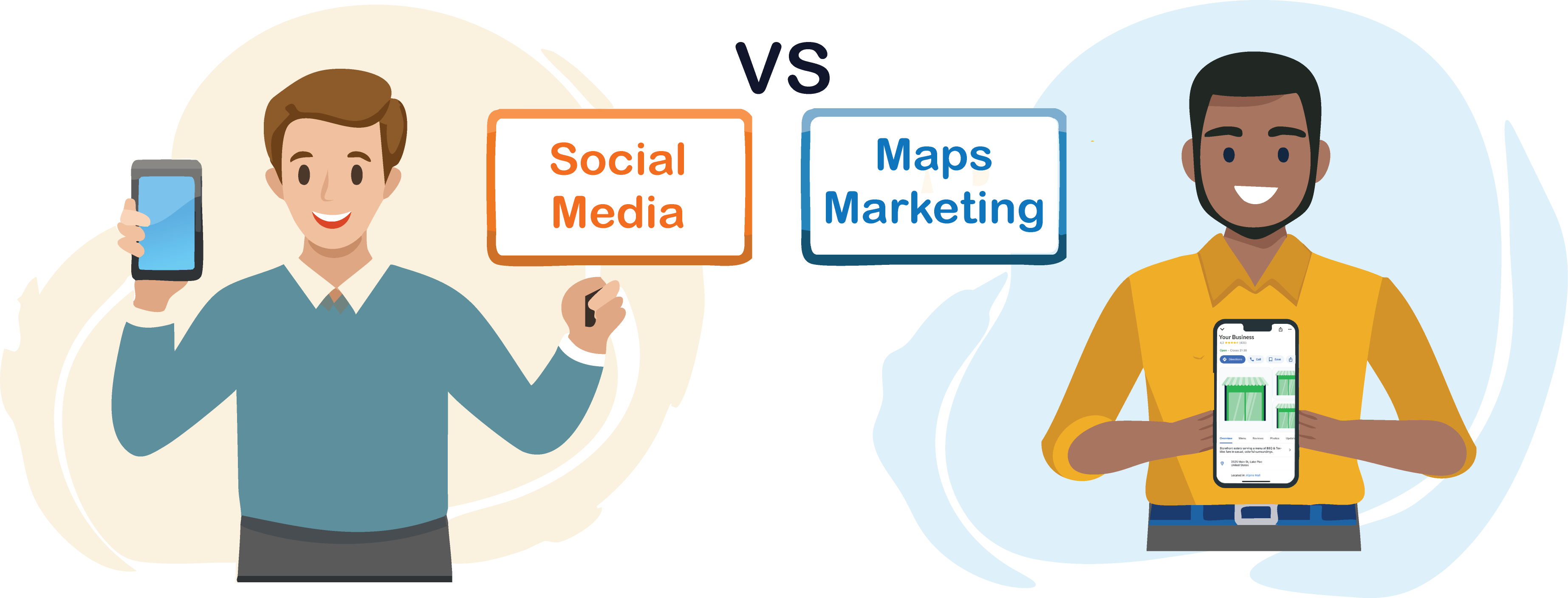 Graphic displaying two people holding phones, reading "Social Media vs. Maps Marketing" 